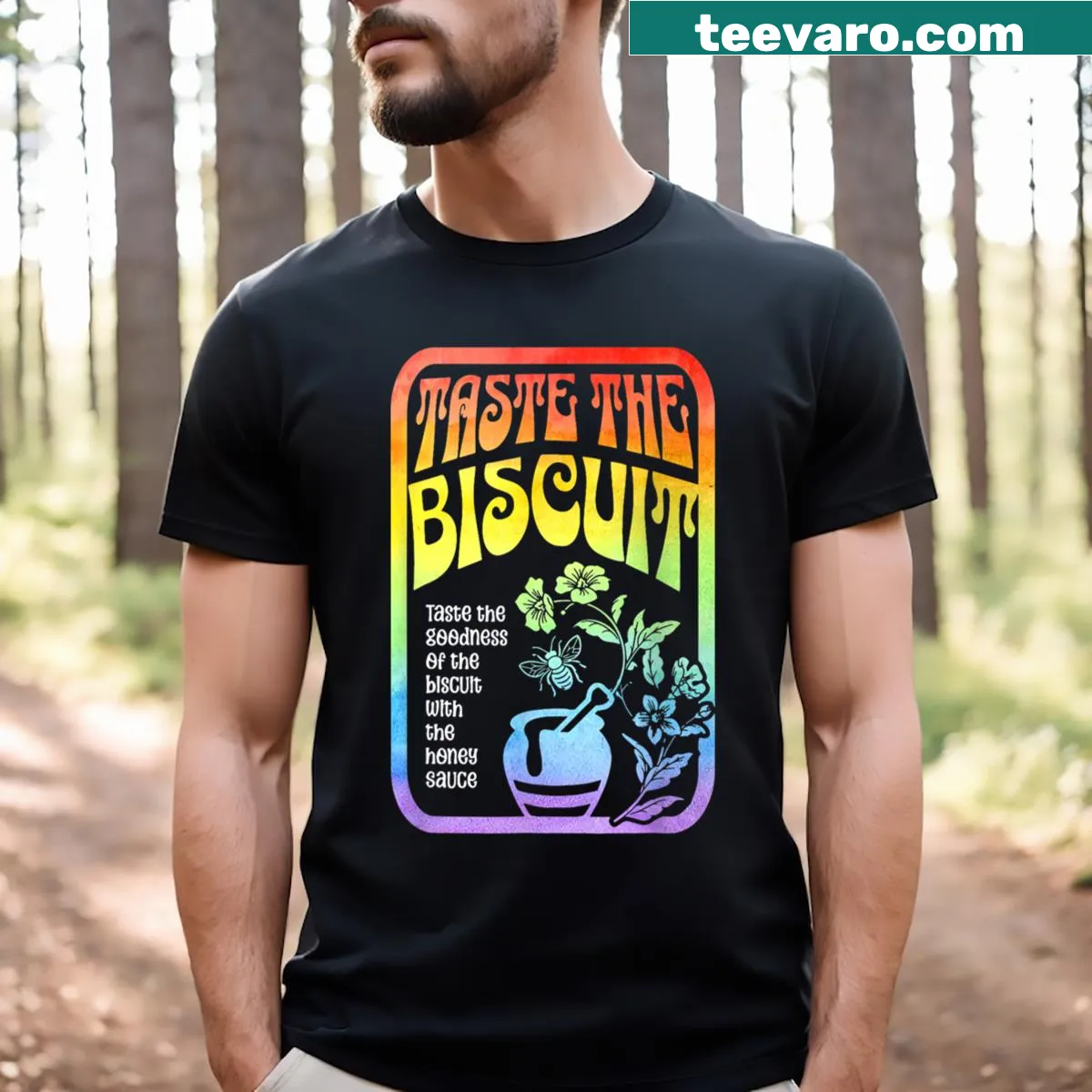 Illustrative t-shirt featuring a biscuit-themed design — on a men's t-shirt