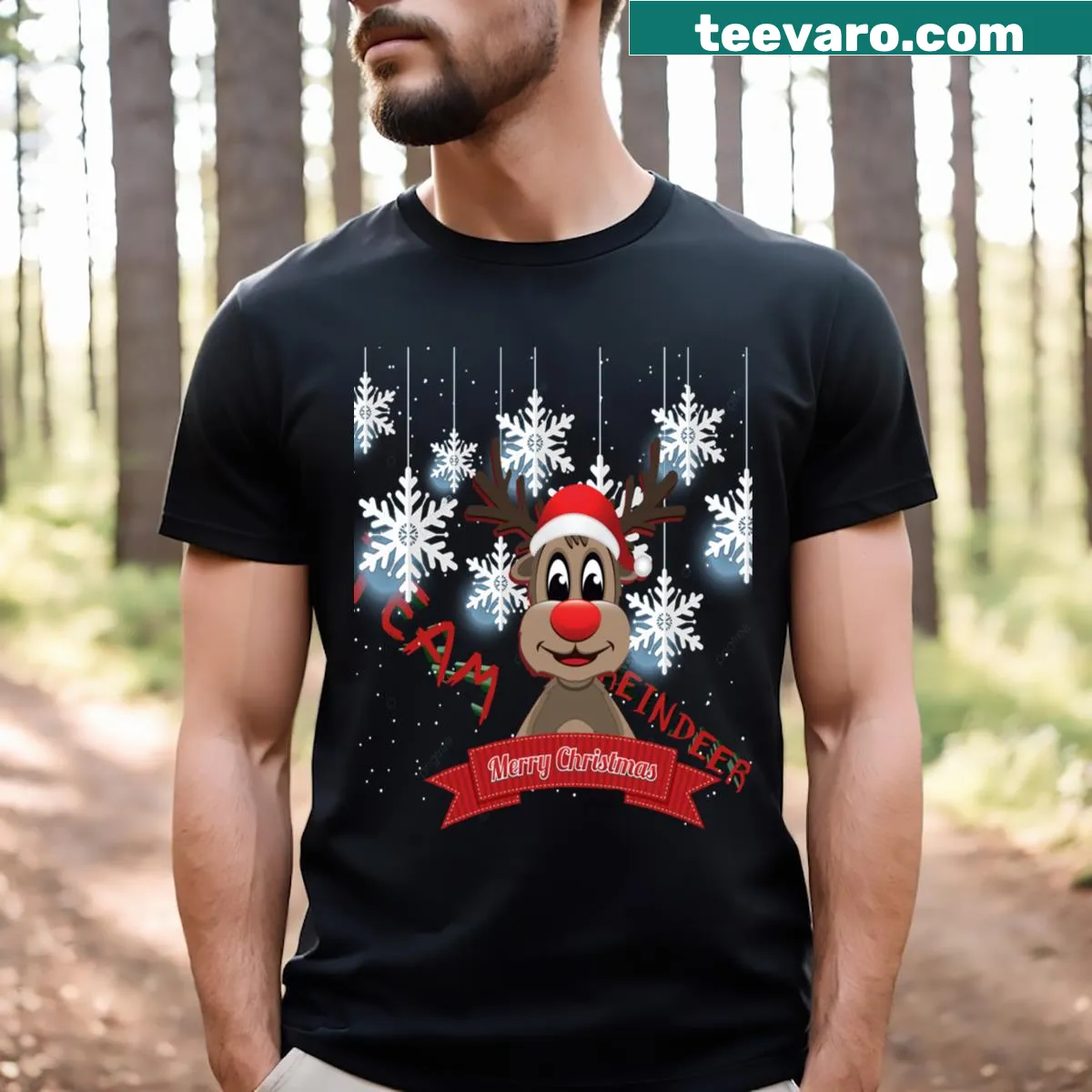 Funny cartoon reindeer Christmas T-shirt design — on a men's t-shirt