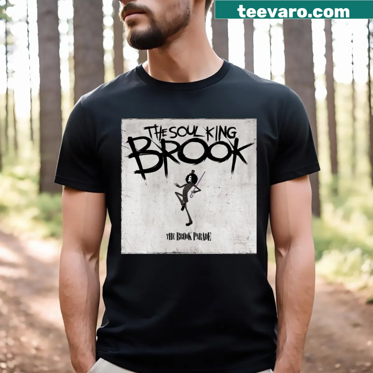 Illustrated t-shirt of Brook from One Piece, portraying the Soul King — on a men's t-shirt