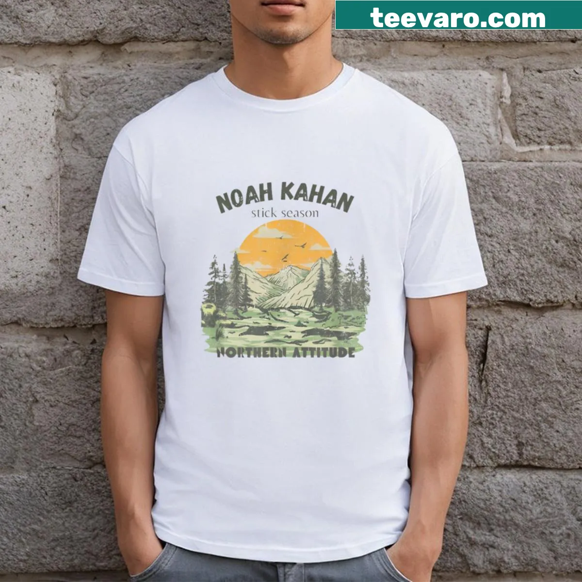 T-shirt featuring serene landscape graphic of rural villages. — on a men's t-shirt