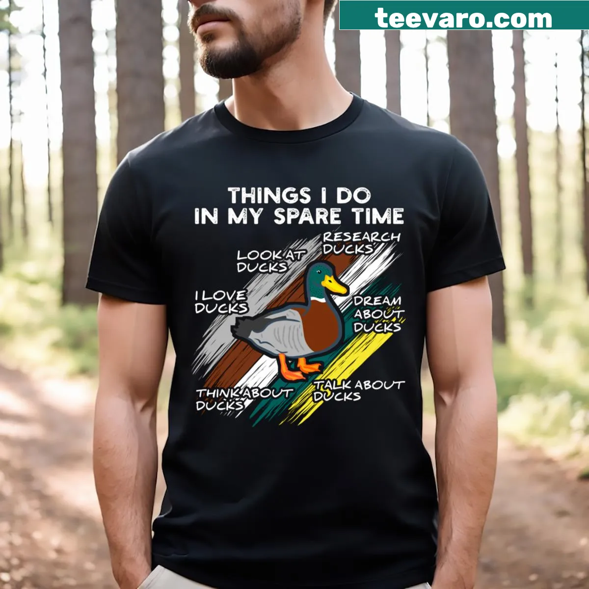 Funny typography t-shirt featuring a duck lover's activities — on a men's t-shirt