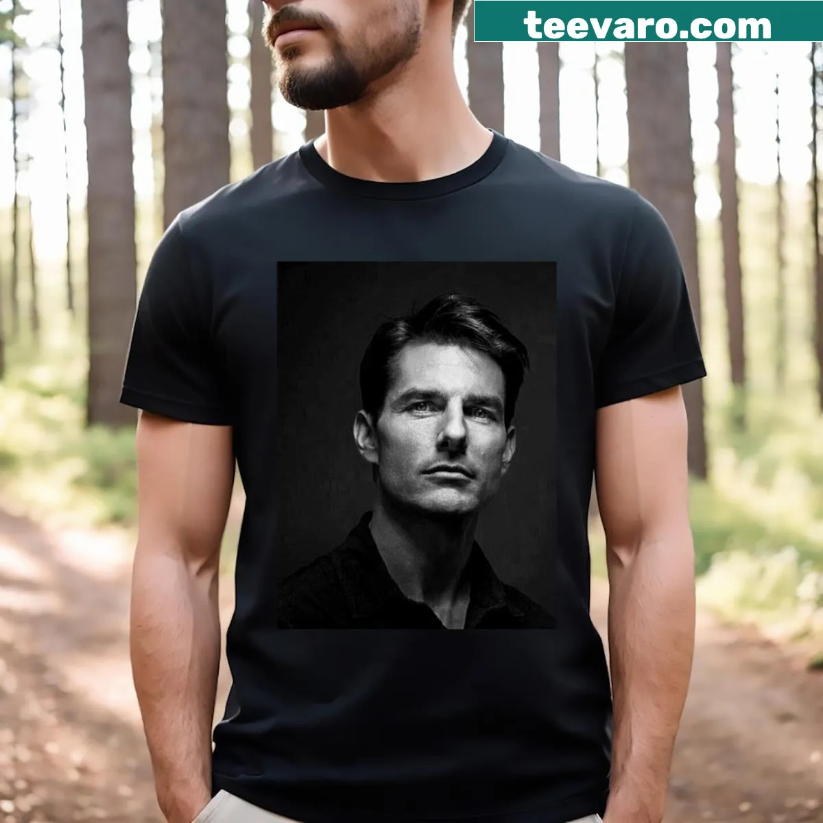 Poster-style T-shirt featuring Tom Cruise graphic — on a men's t-shirt
