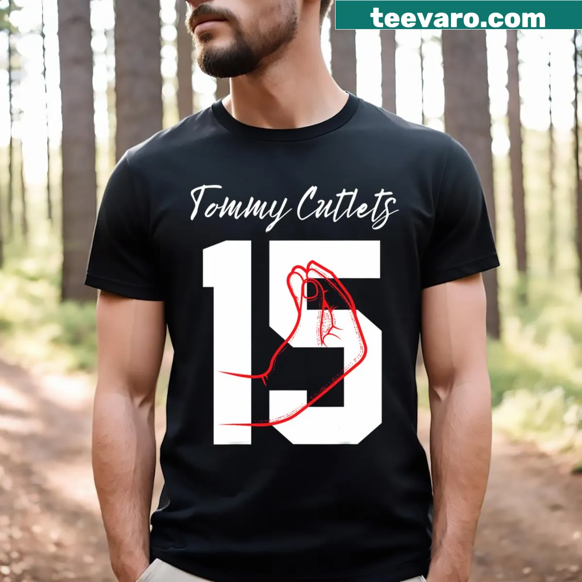 Quarterback illustration T-shirt with Italian hand gesture graphic — on a men's t-shirt