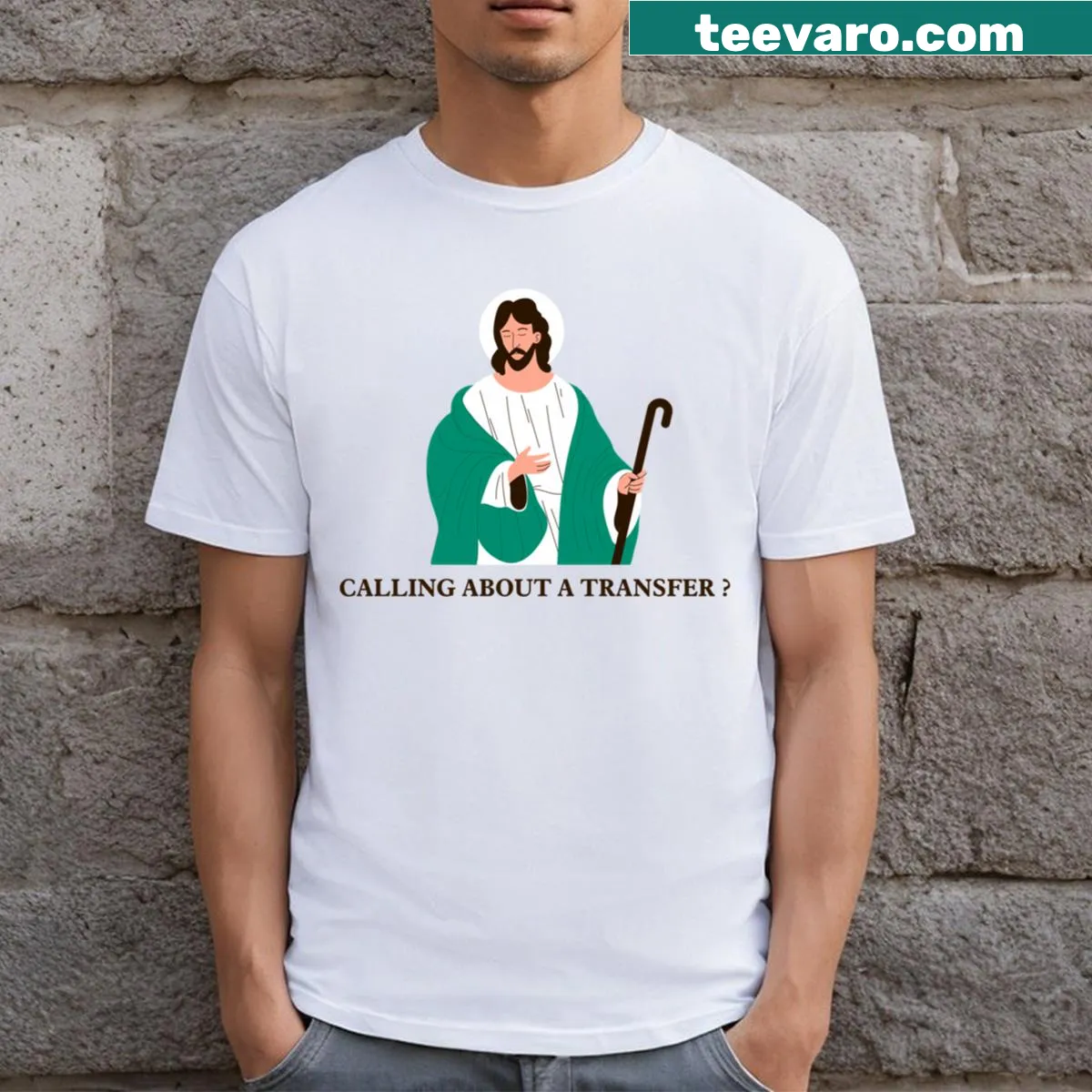 Inspirational T-shirt for nurses with 'Transfer To Jesus' message — on a men's t-shirt