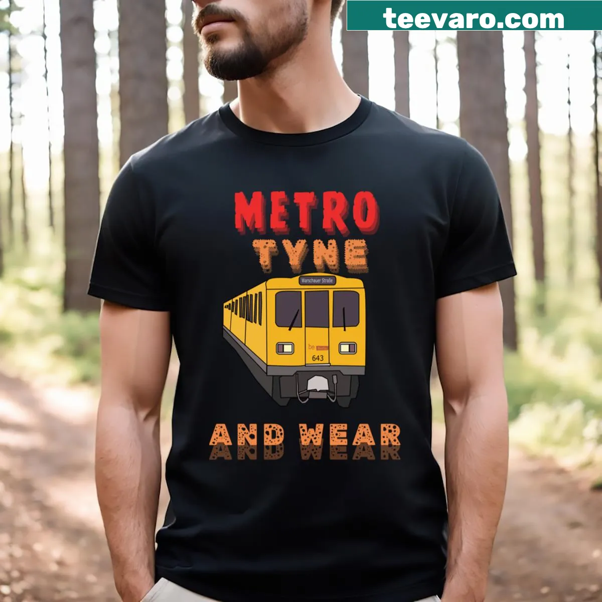 Illustrated graphic of the Tyne Metro lines on a t-shirt — on a men's t-shirt