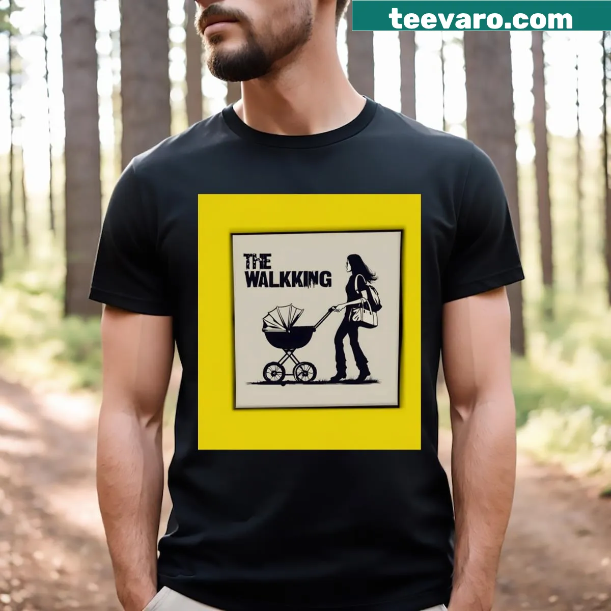 T-shirt featuring a mother strolling with child in an urban setting — on a men's t-shirt