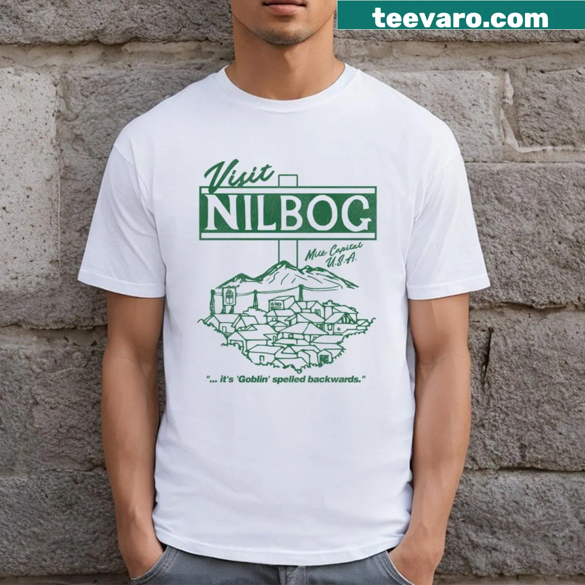 Cartoon design featuring the phrase "Visit Nilbog" — on a men's t-shirt