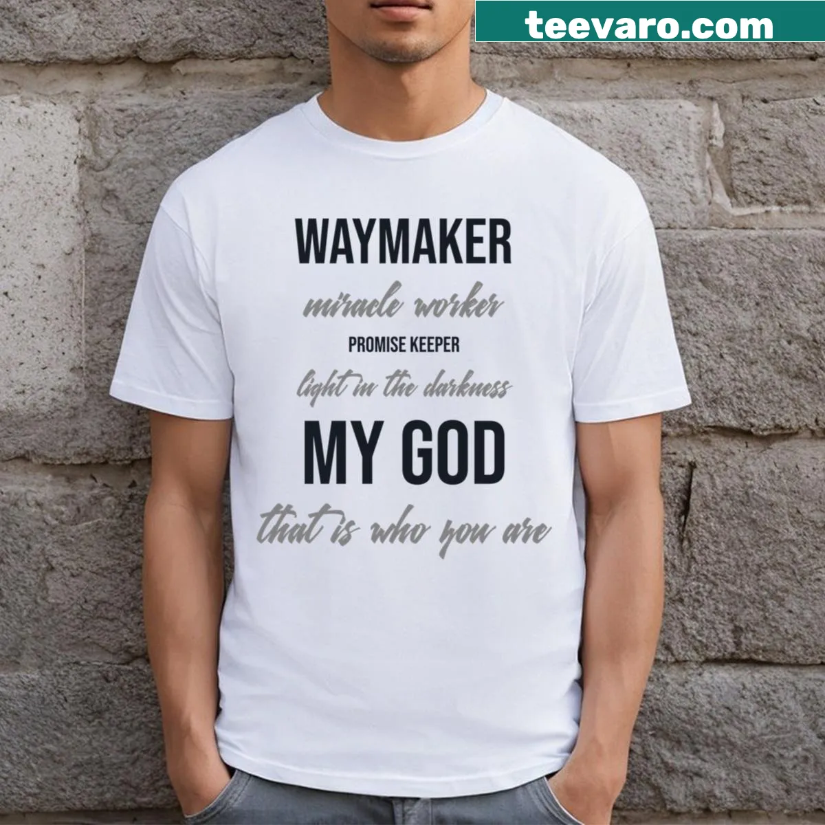 Inspirational t-shirt with the quote 'Waymaker' — on a men's t-shirt