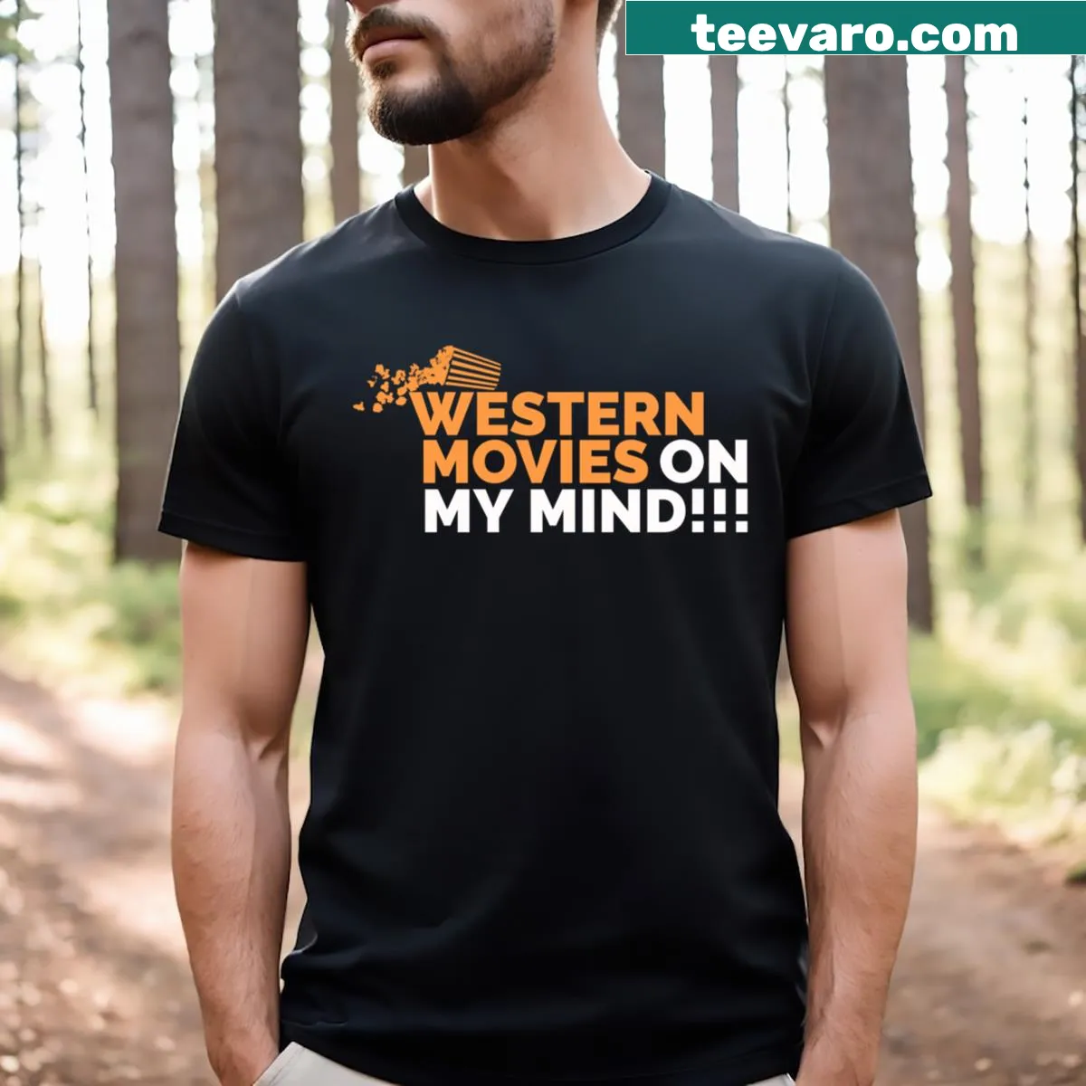 Illustrated T-shirt with western movie themes and playful text — on a men's t-shirt