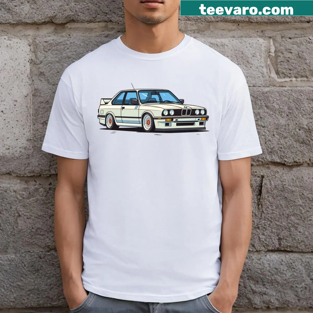 Illustrated t-shirt featuring a White E30 3 Series sports car — on a men's t-shirt