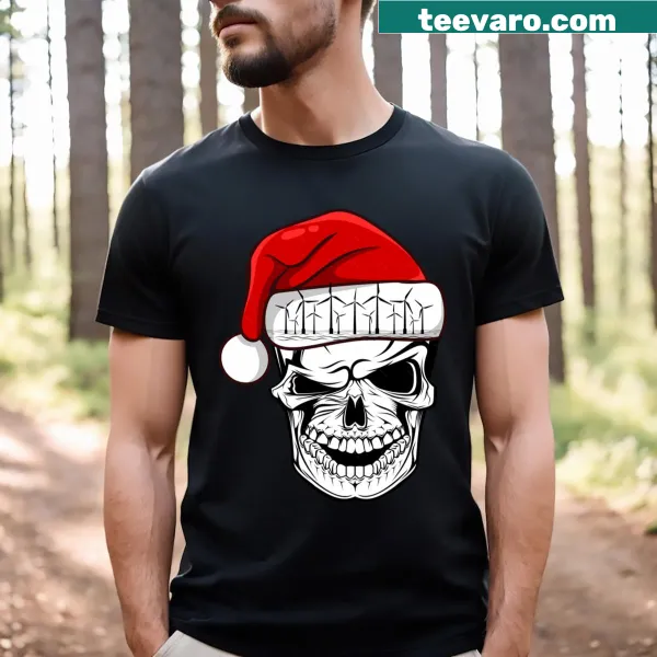 Funny Christmas T-shirt with Santa skull design for wind turbine technicians