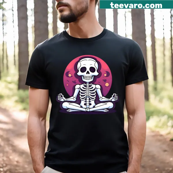 T-shirt with illustration of a yoga skeleton in a cross-legged pose