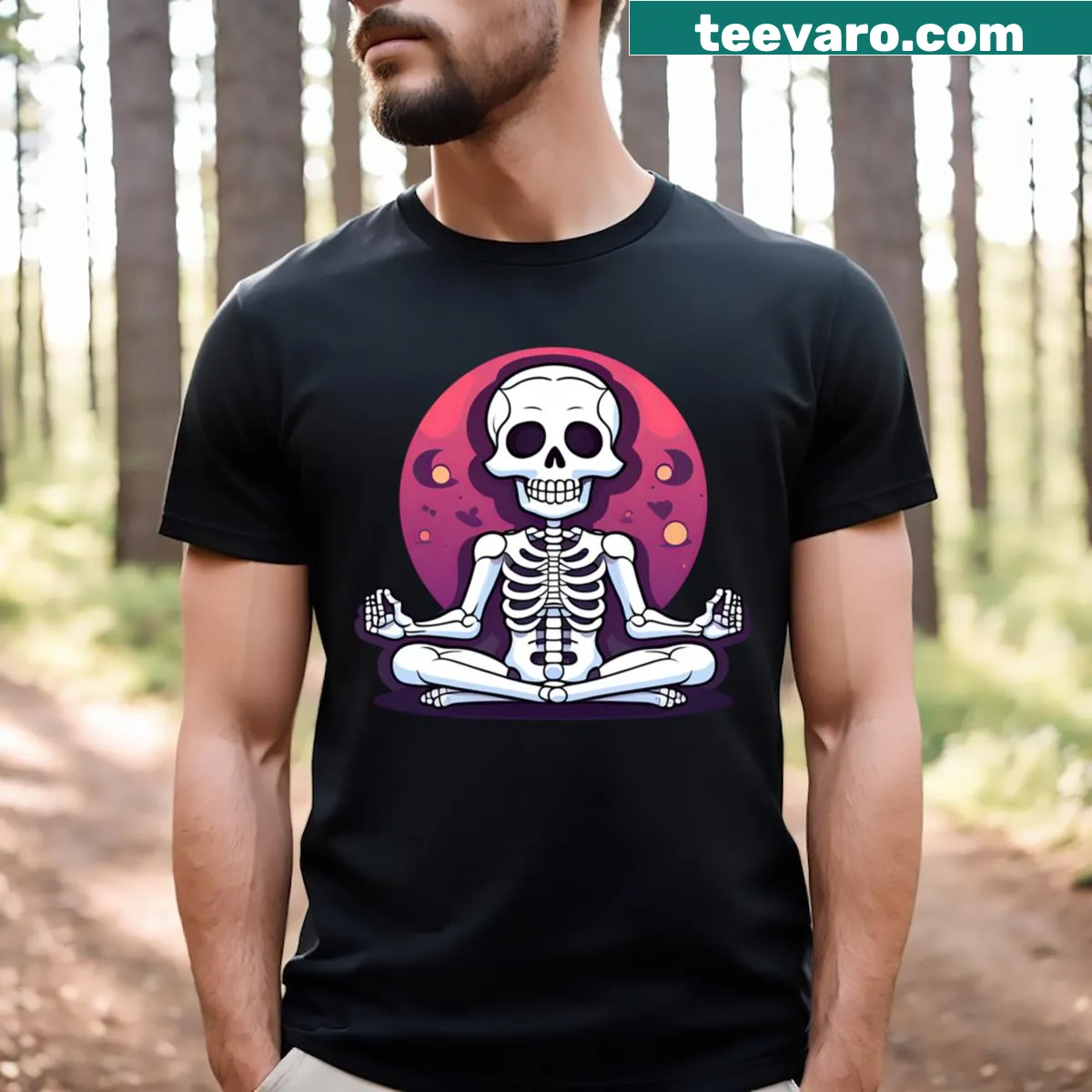 T-shirt with illustration of a yoga skeleton in a cross-legged pose — on a men's t-shirt