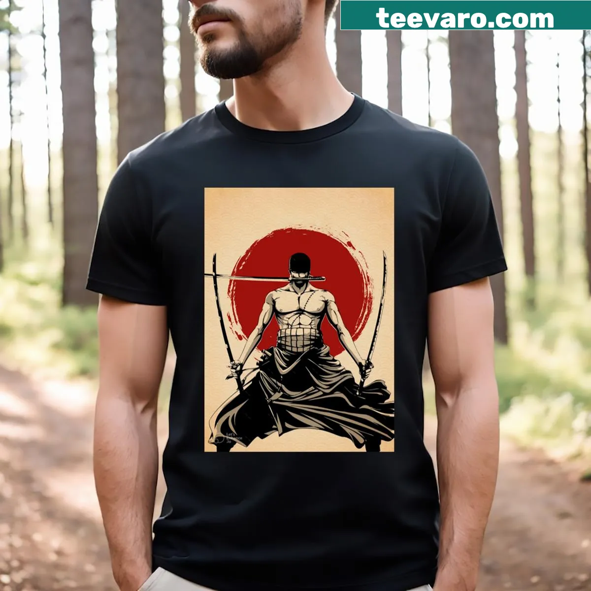 Illustrative One Piece Zoro character T-shirt — on a men's t-shirt