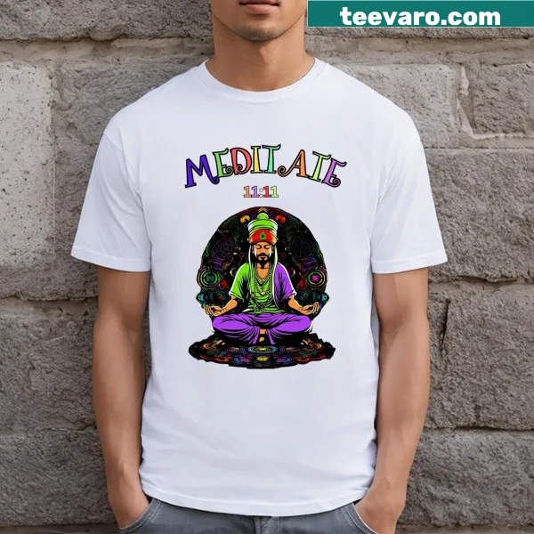Inspirational shirt with '1111 Swami Meditation' message in calming typography