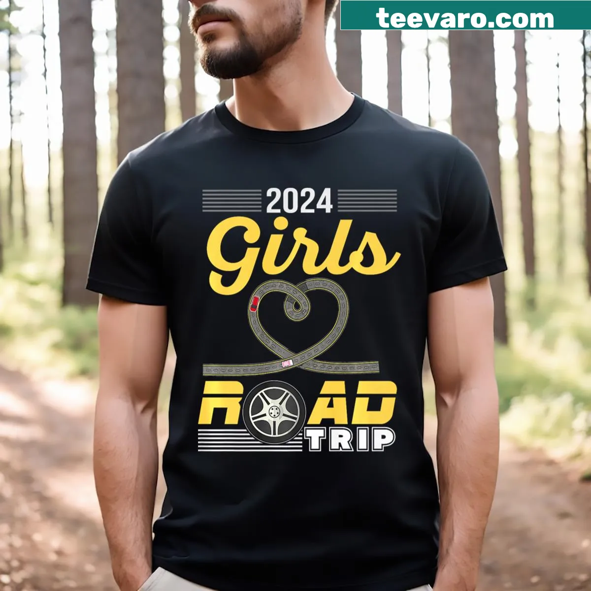 Graphic listing road trip essentials with playful typography — on a men's t-shirt