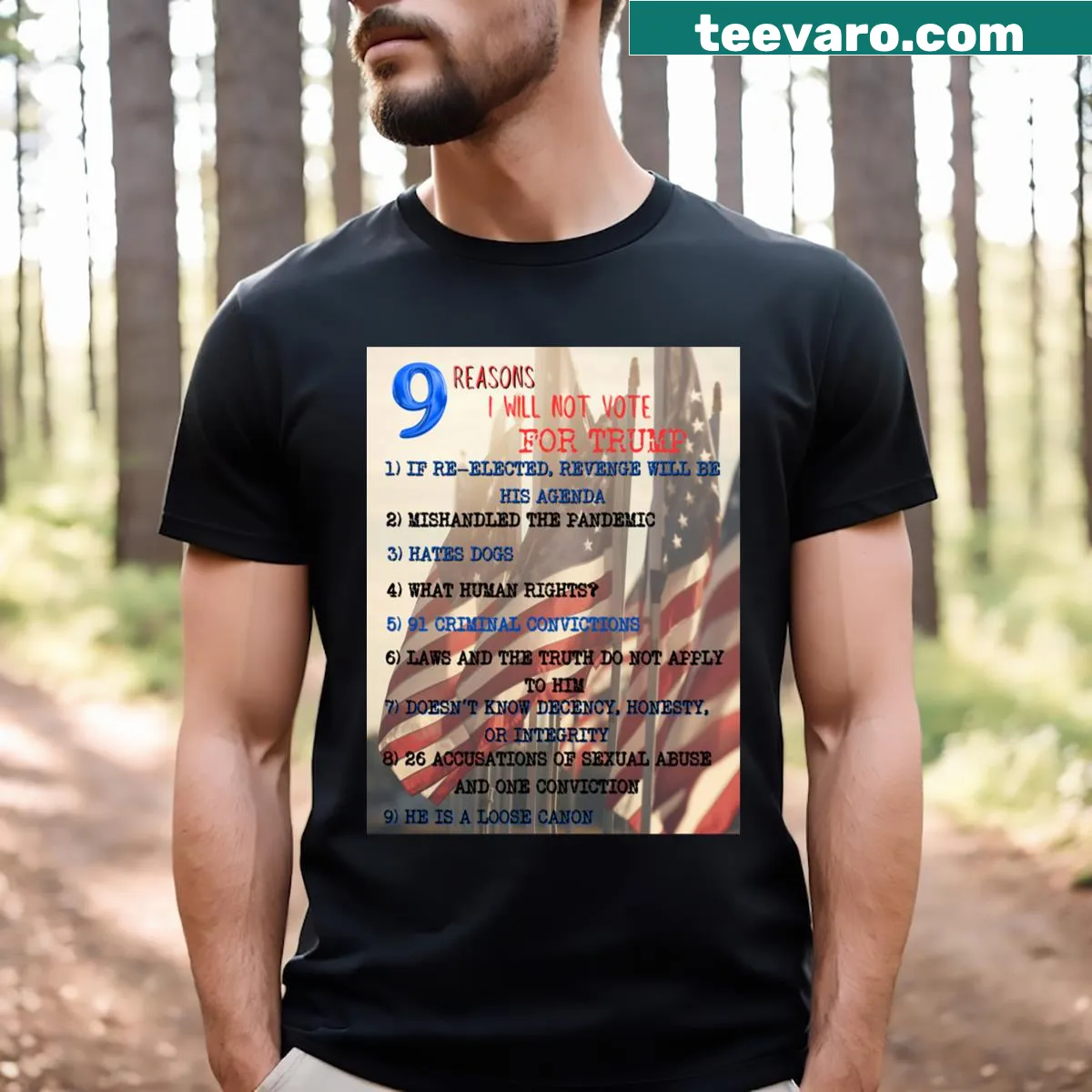 Text-based t-shirt listing '9 Reasons I Will Not Vote For Trump.' — on a men's t-shirt