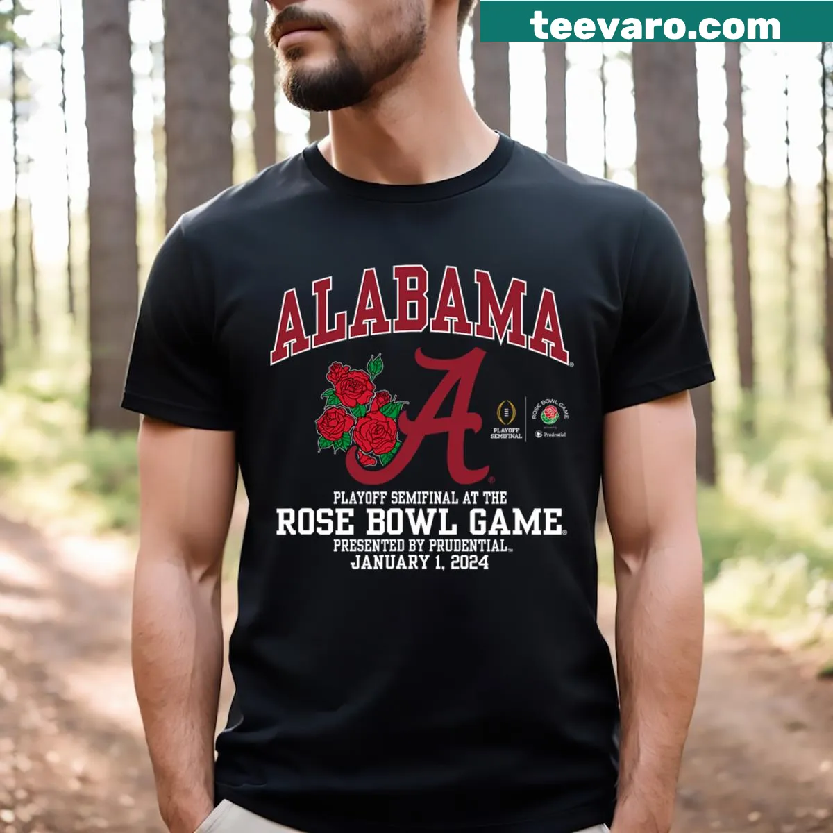 Alabama Crimson Tide Rose Bowl football T-shirt with floral design — on a men's t-shirt