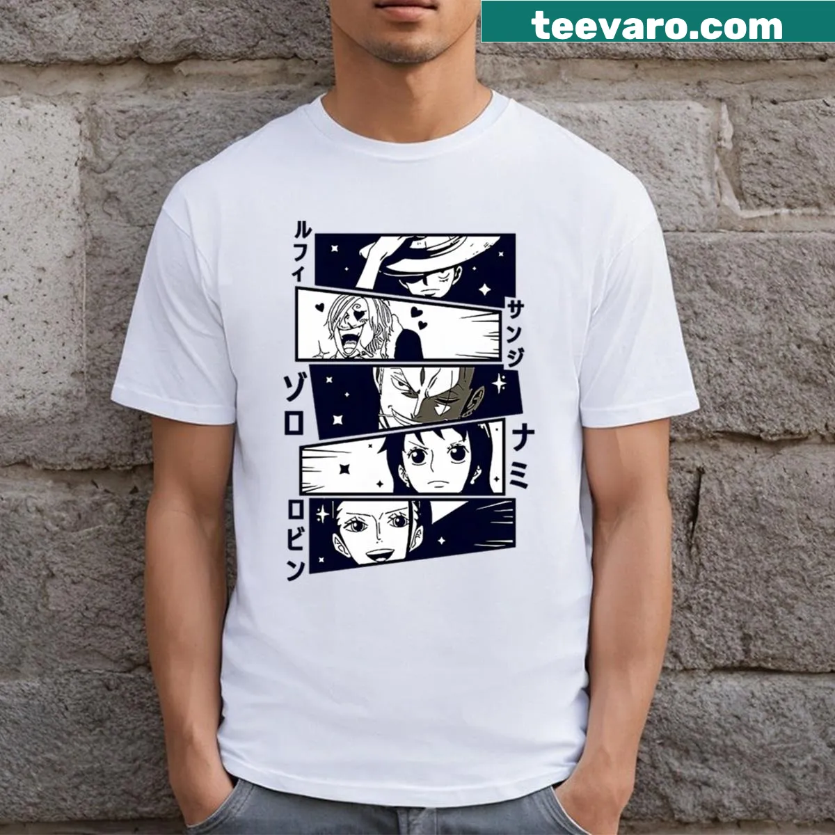 Minimalist T-shirt featuring clean line-art character design — on a men's t-shirt