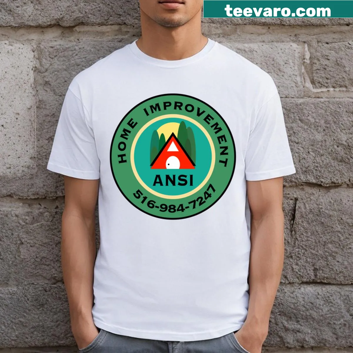 ANSI Home Improvement Inc logo on a minimalist t-shirt — on a men's t-shirt