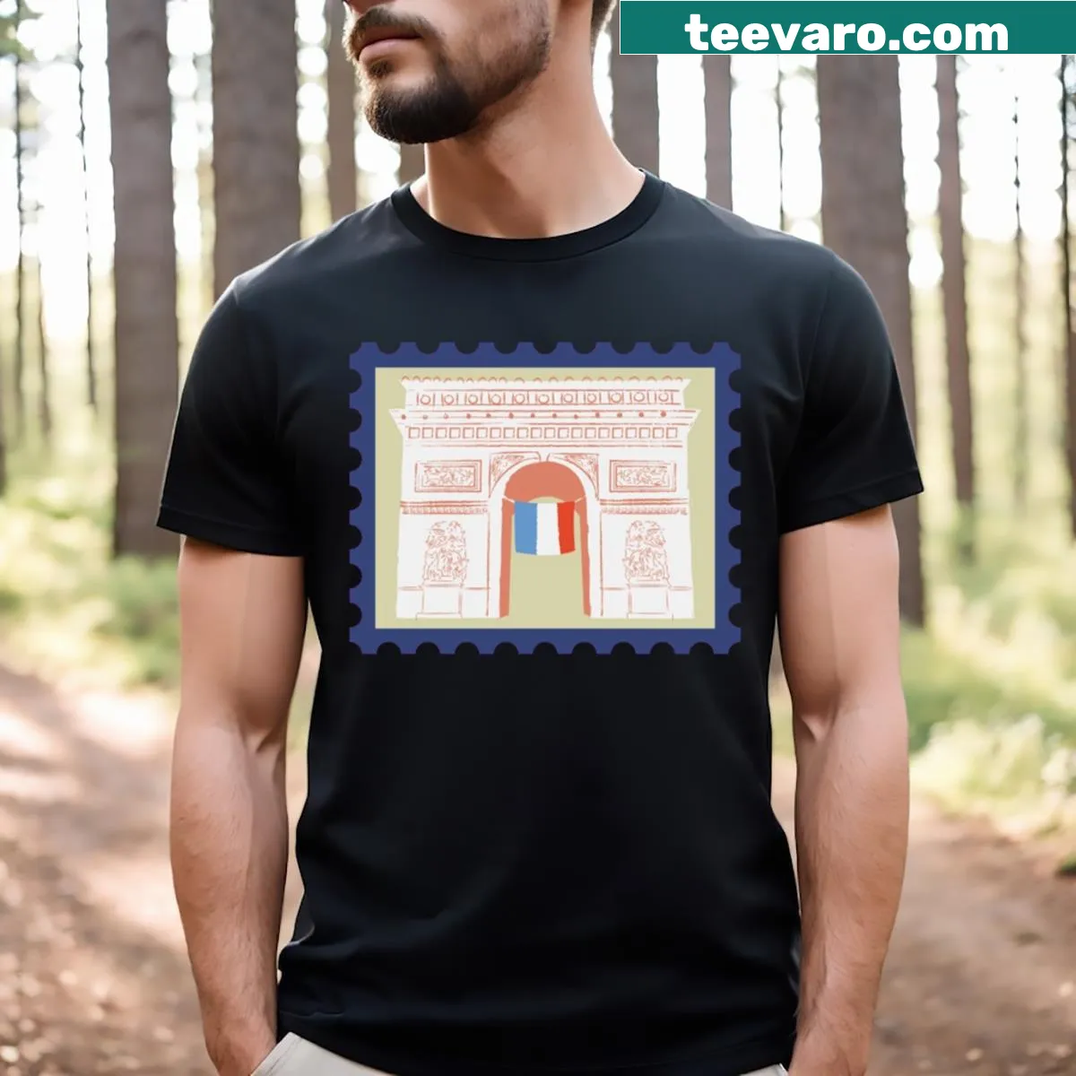 Vintage postage stamp style Arc de Triomphe t-shirt — on a men's t-shirt