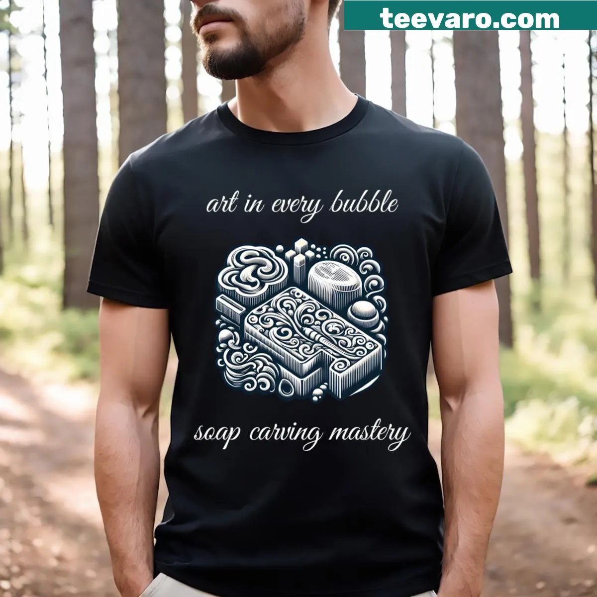 Artistic t-shirt celebrating soap carving mastery — on a men's t-shirt
