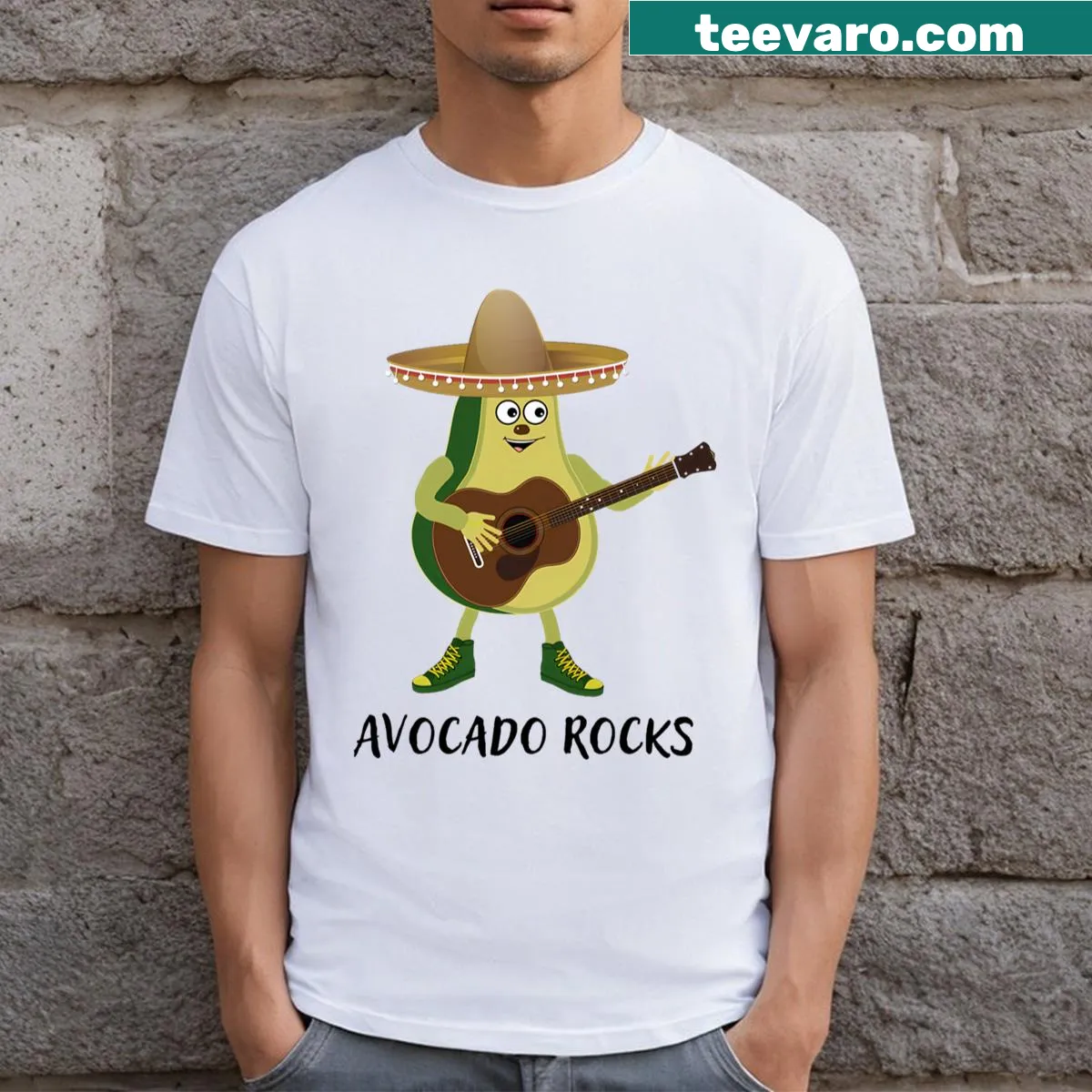 Cartoon avocado with hat playing guitar on T-shirt — on a men's t-shirt
