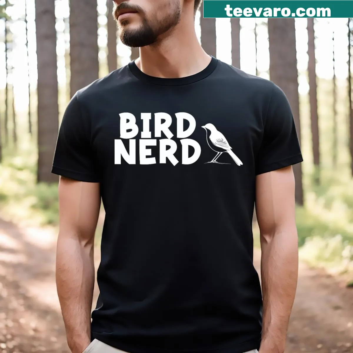 Illustrative Bird Nerd T-shirt with birdwatching design and tagline — on a men's t-shirt