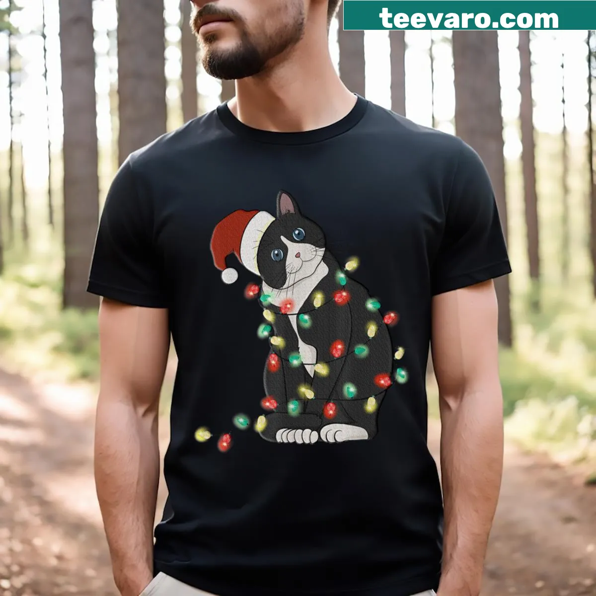 Humorous black cat in Christmas lights design on a festive tee — on a men's t-shirt