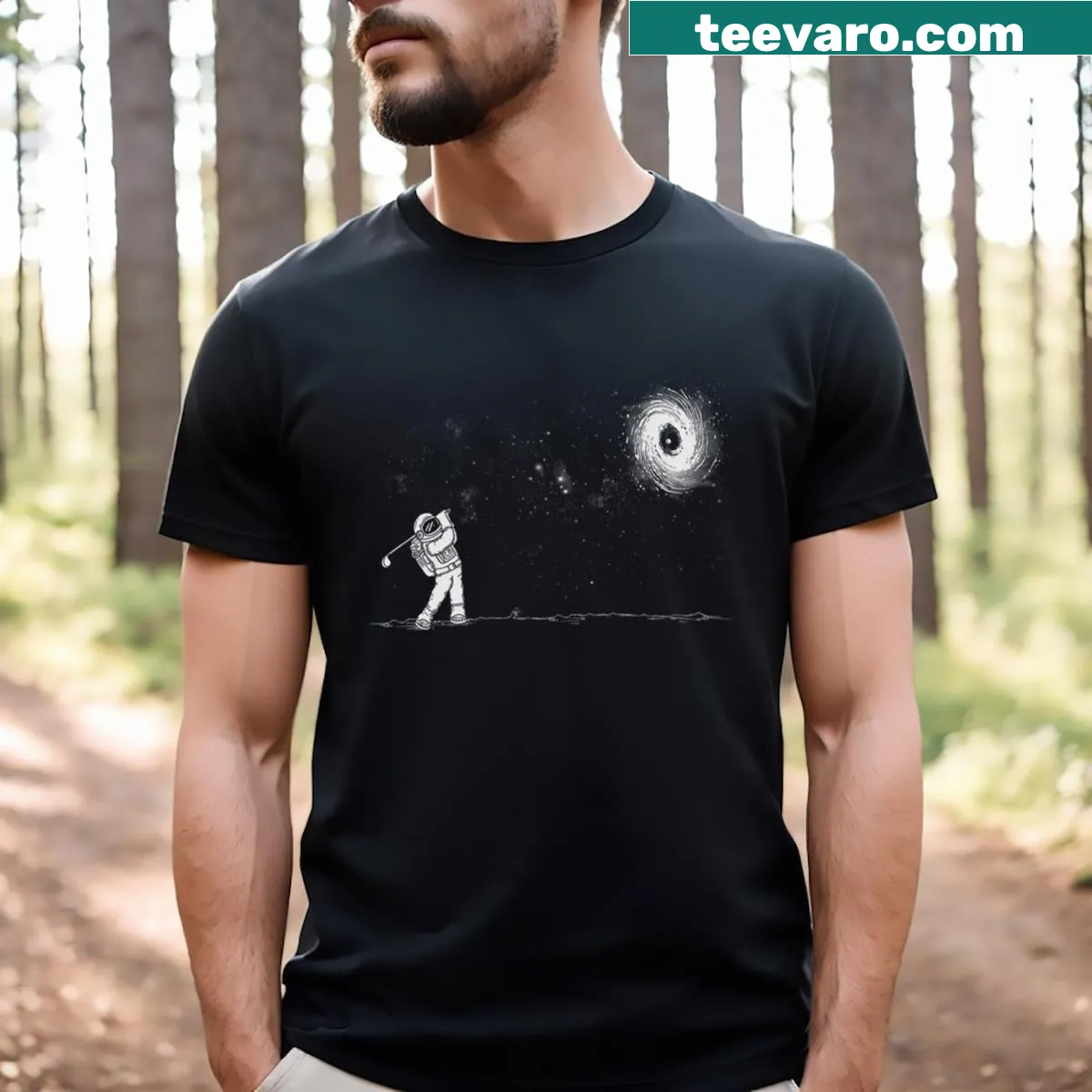 Illustration of a black hole with a golf ball sinking into it — on a men's t-shirt