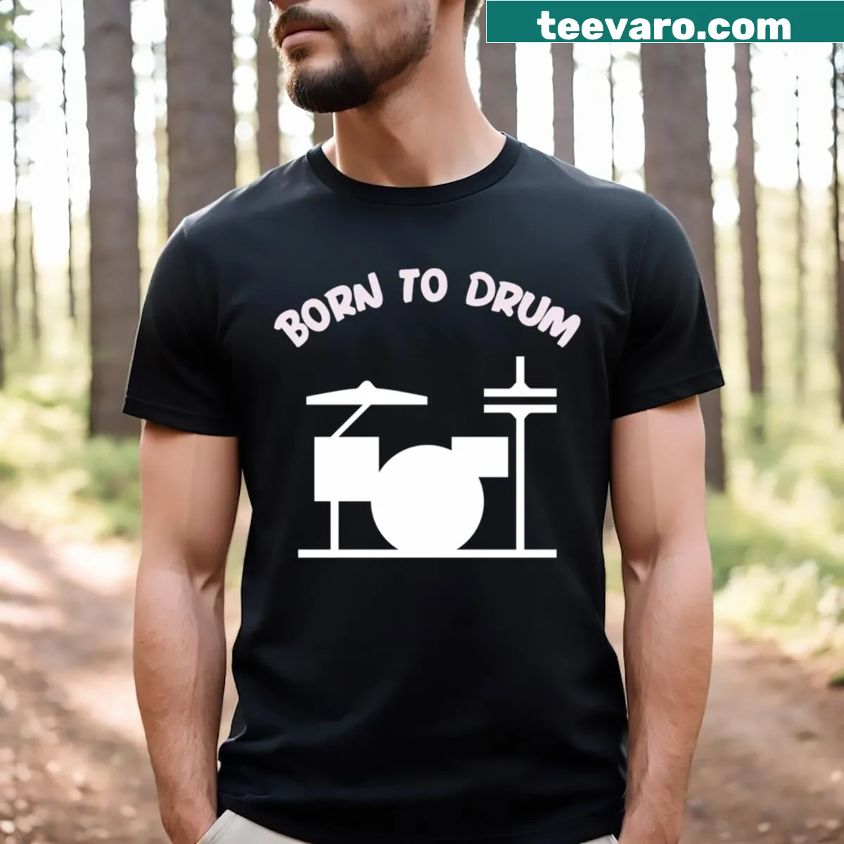 Typography t-shirt that says 'Born To Drum' with rhythmic design — on a men's t-shirt
