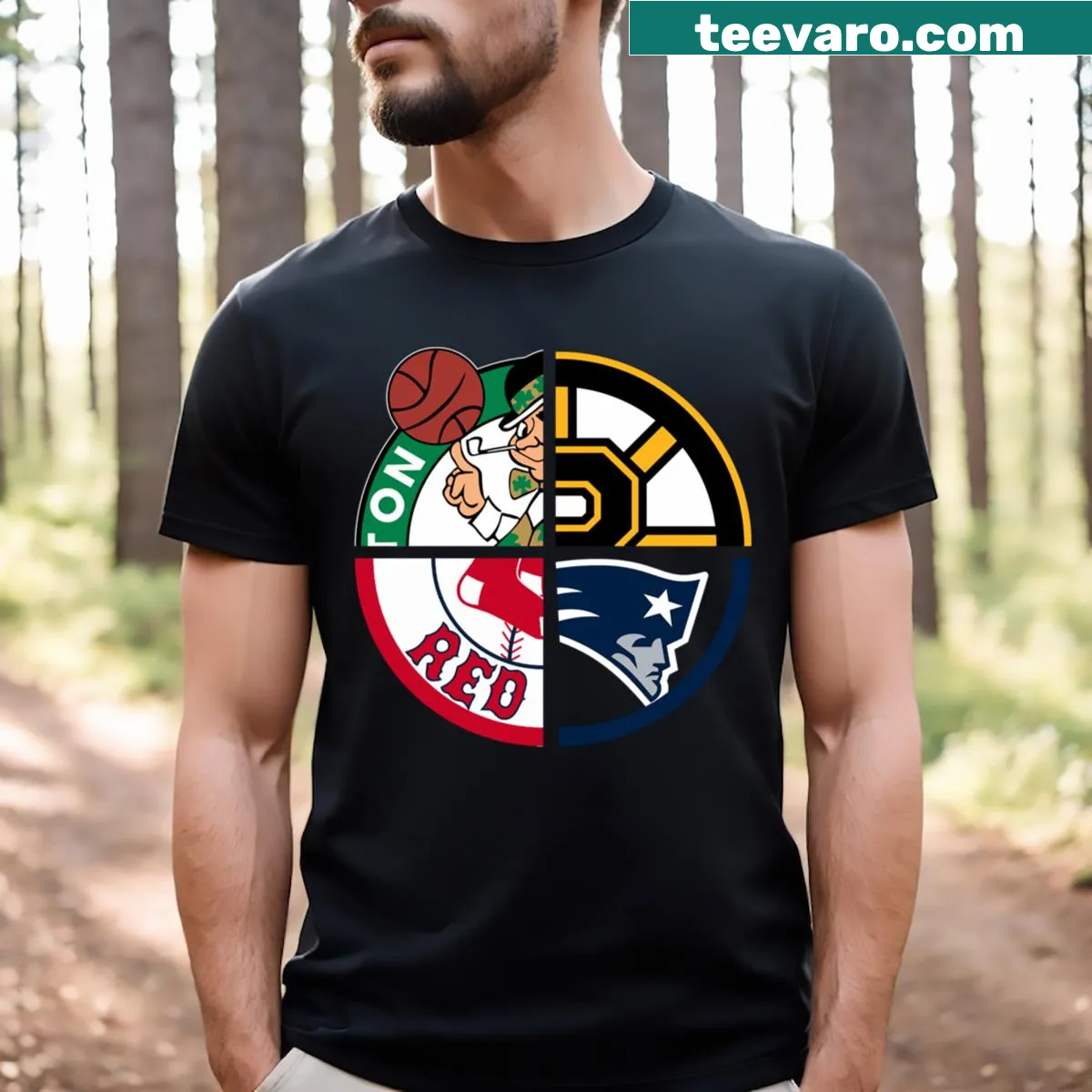 Boston sports-themed T-shirt with sticker-style graphics — on a men's t-shirt