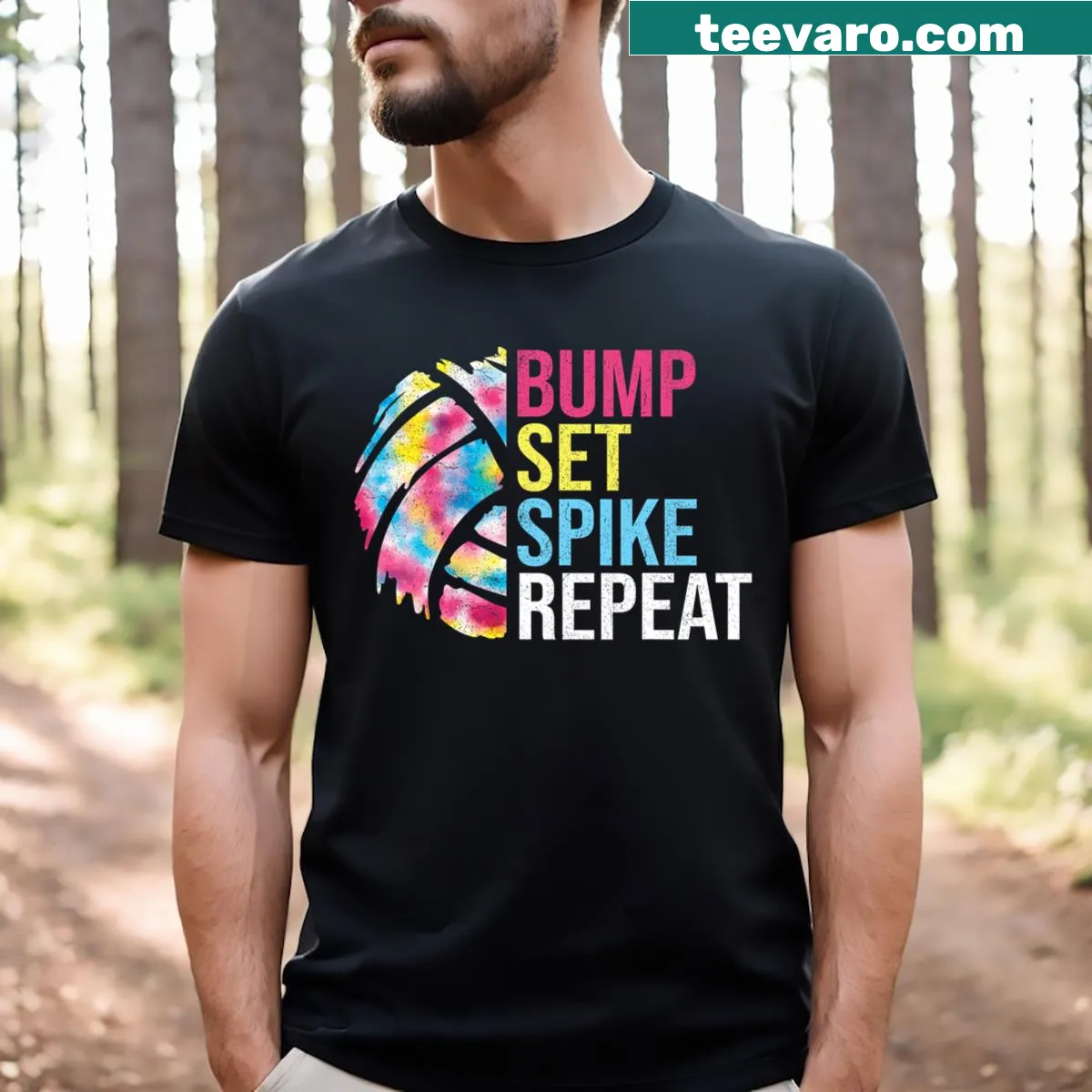 T-shirt with the phrase 'Bump Set Spike Repeat' celebrating volleyball culture — on a men's t-shirt