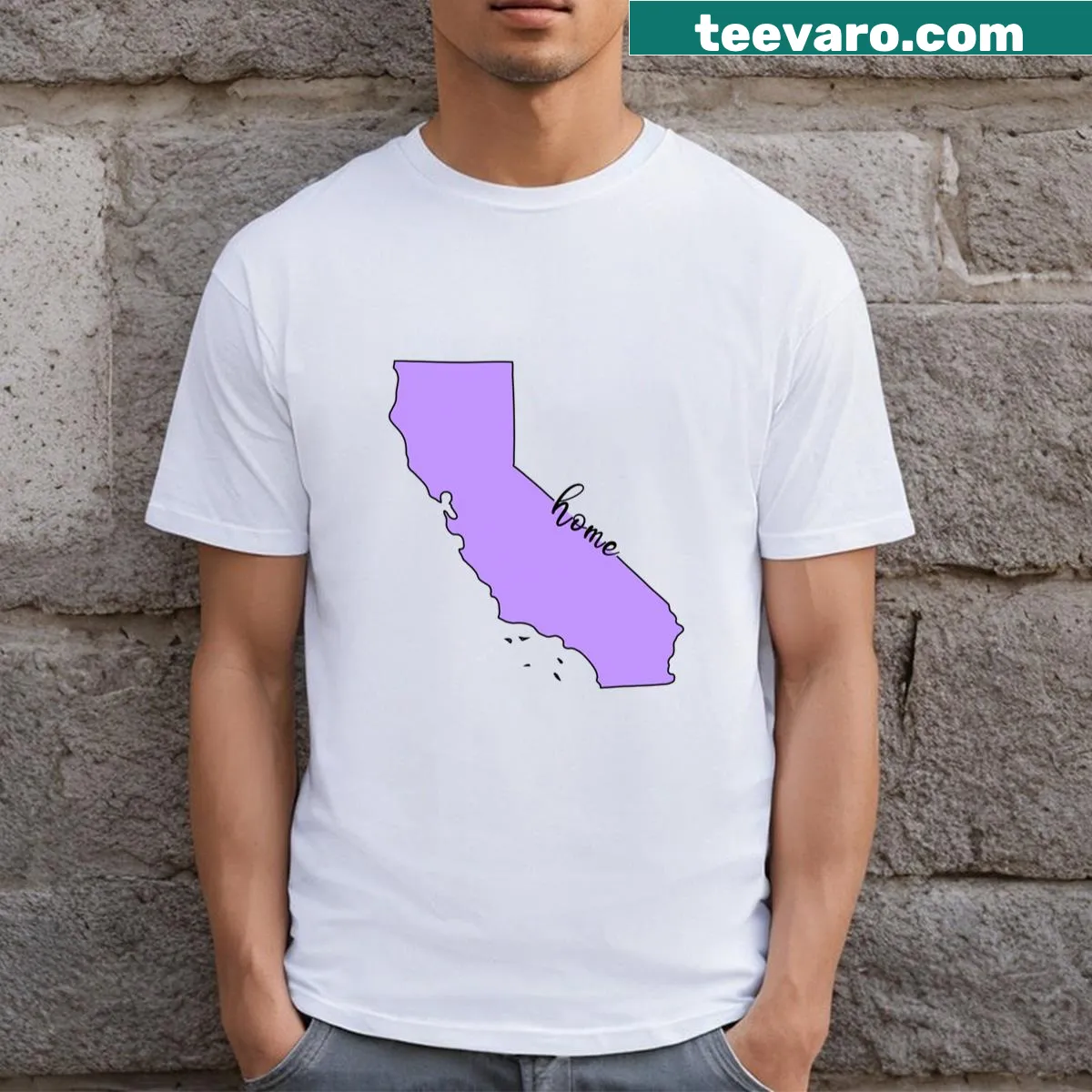 T-shirt with a purple outline of California state — on a men's t-shirt