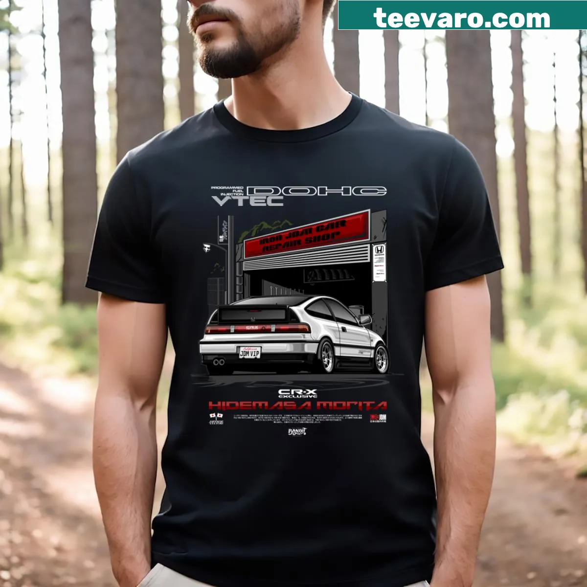 Vintage-style car repair graphic on a t-shirt — on a men's t-shirt