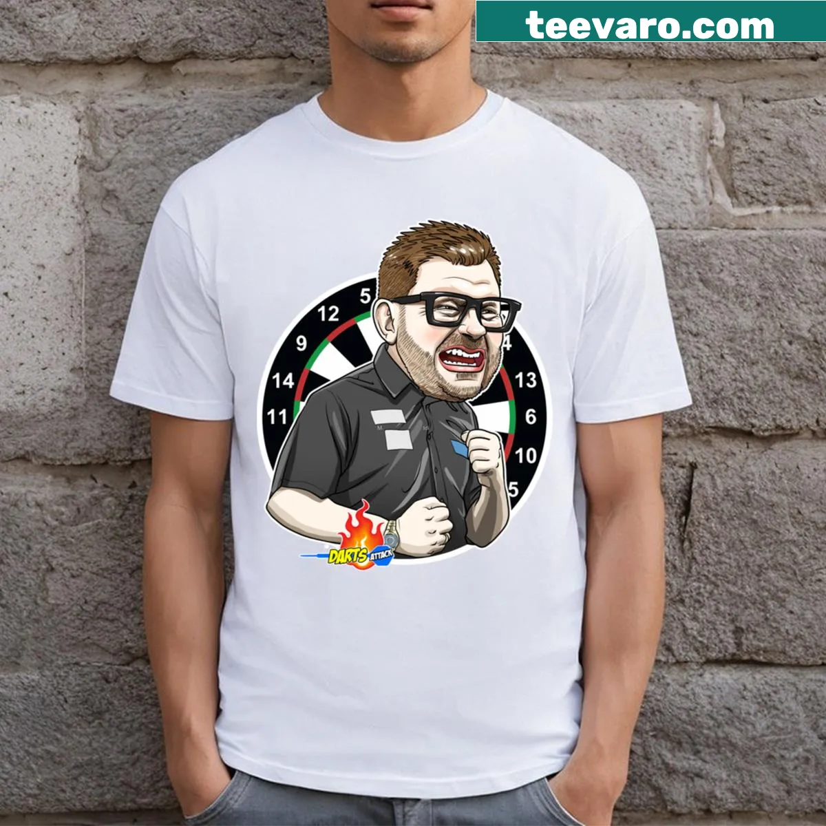 Caricature of James Wade printed on a darts-themed t-shirt — on a men's t-shirt