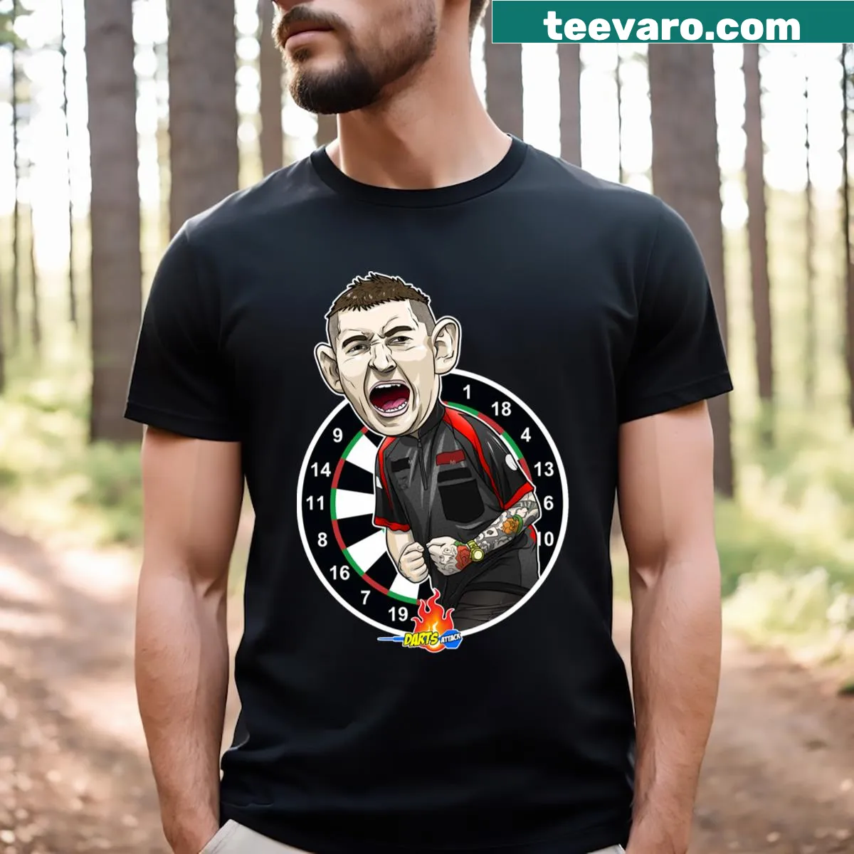 Caricature of Nathan Aspinall printed on a darts-themed t-shirt — on a men's t-shirt
