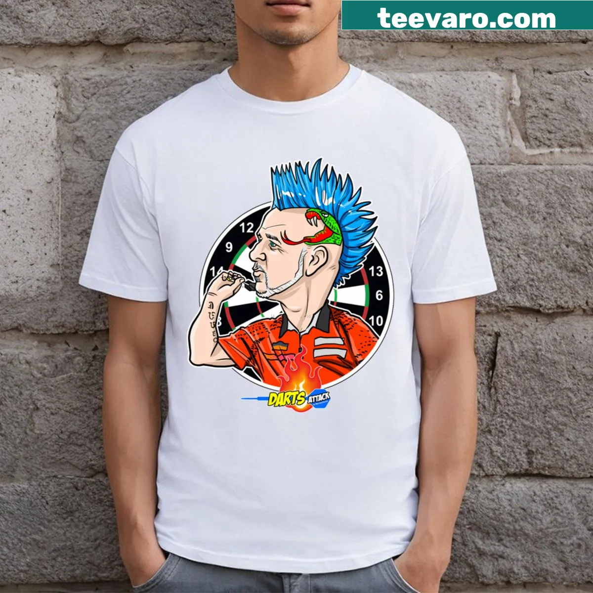 Caricature of Peter Wright printed on a darts-themed t-shirt — on a men's t-shirt