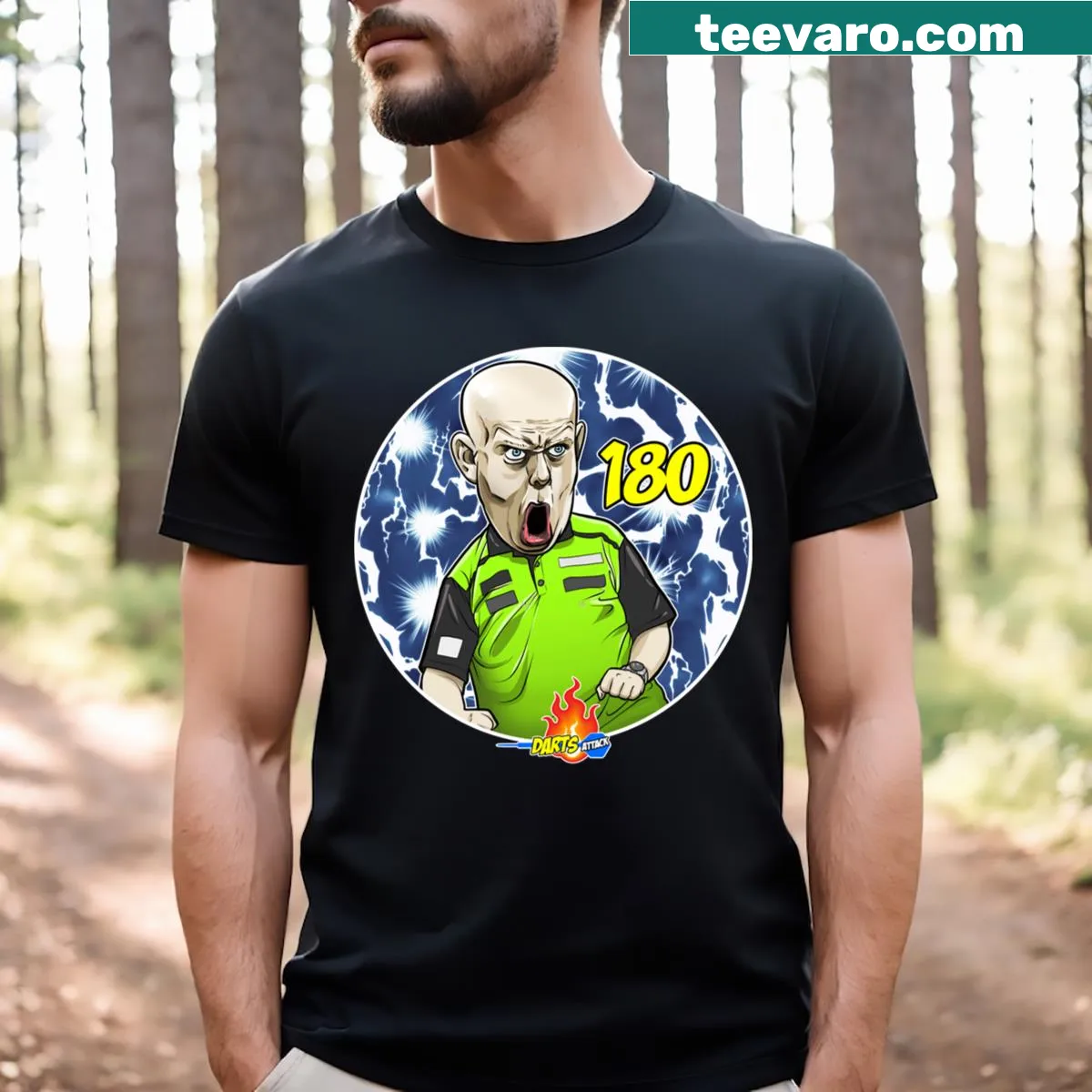 Illustrated caricature of a darts player on a T-shirt — on a men's t-shirt