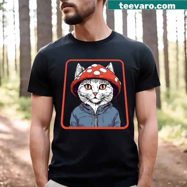 Illustrative T-shirt featuring a cat and mushrooms design
