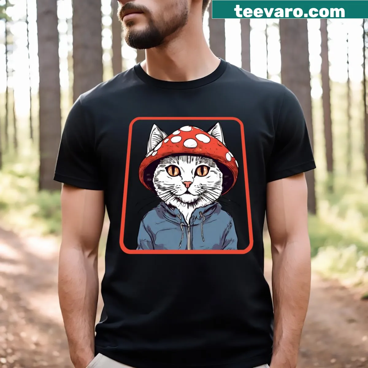 Illustrative T-shirt featuring a cat and mushrooms design — on a men's t-shirt