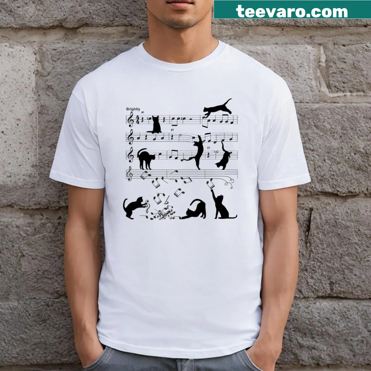 Cartoon cats playing piano with clef notes for a funny musical design — on a men's t-shirt