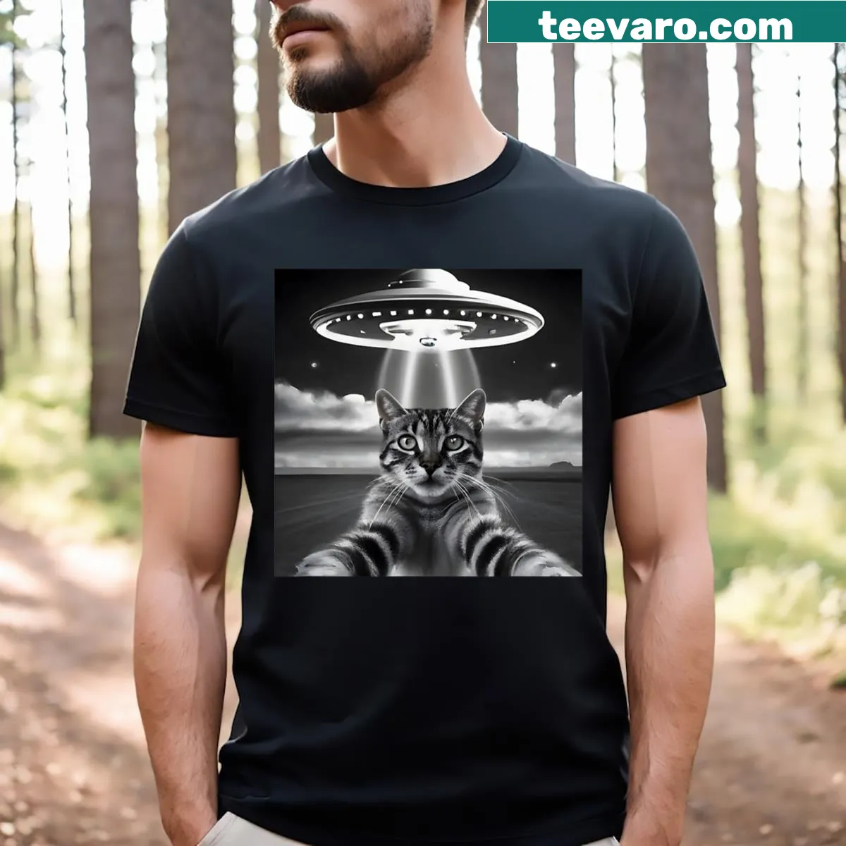 Retro cat UFO selfie design, capturing a funny alien invasion scene — on a men's t-shirt