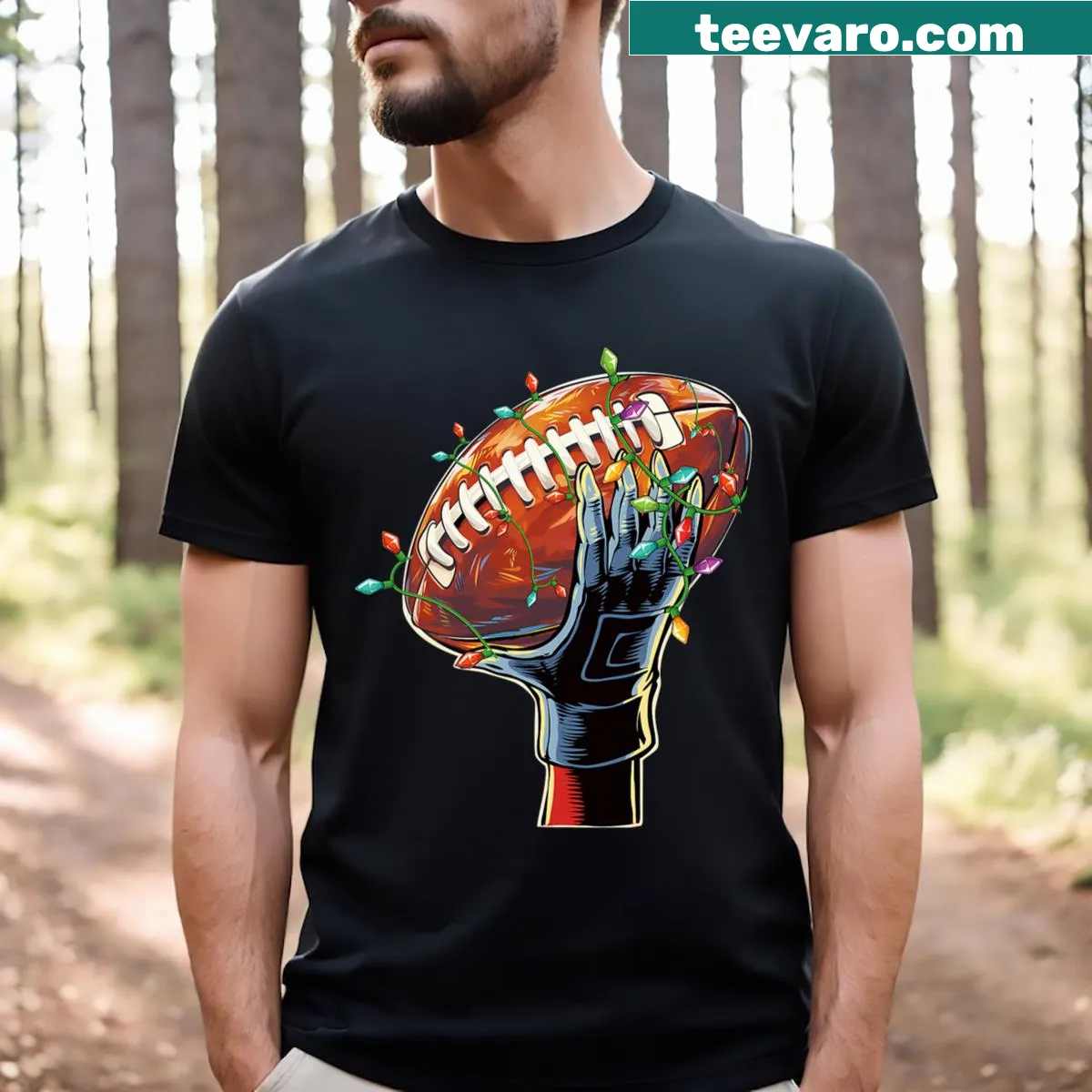 Santa in a football uniform for Christmas-themed graphic t-shirt — on a men's t-shirt