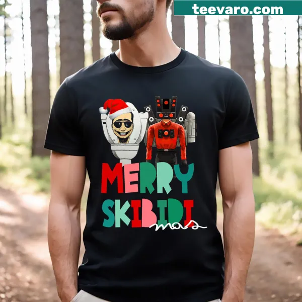 Christmas-themed T-shirt with Santa and Skibidi Toilet characters