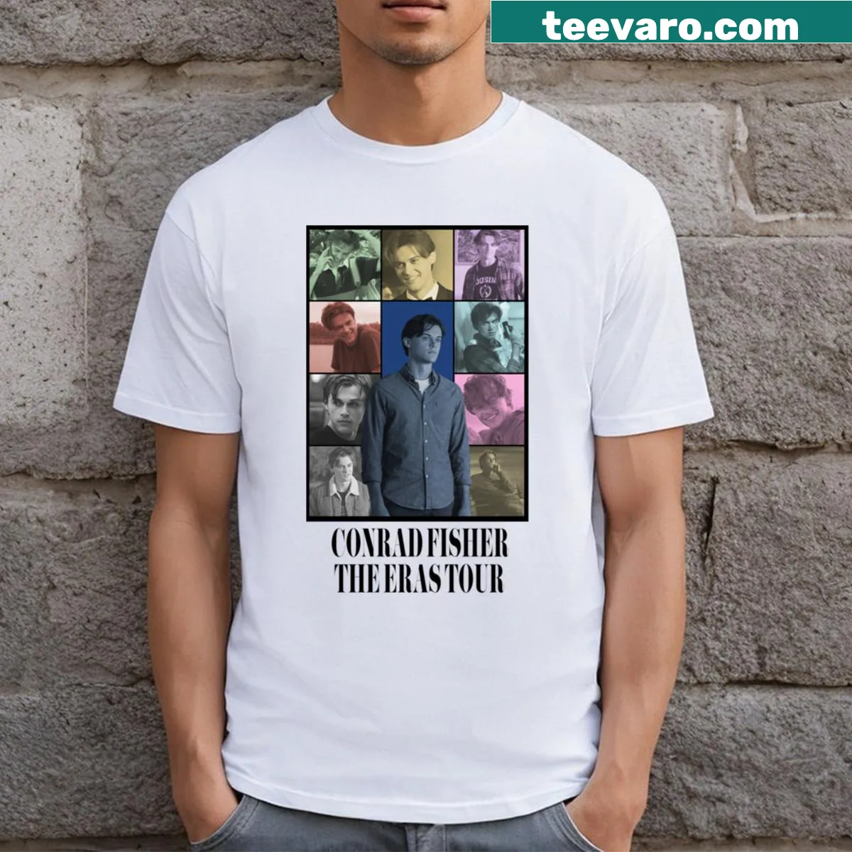 Illustrative Conrad Fisher Eras Tour T-shirt showcasing musical themes — on a men's t-shirt