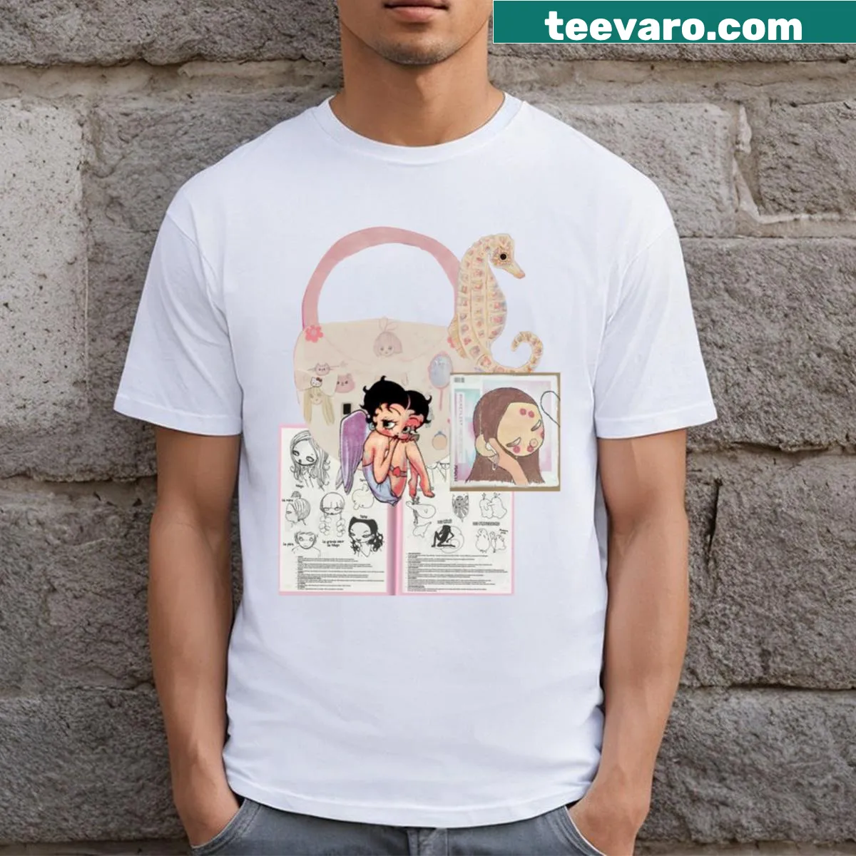 Playful collage T-shirt with coquette theme — on a men's t-shirt
