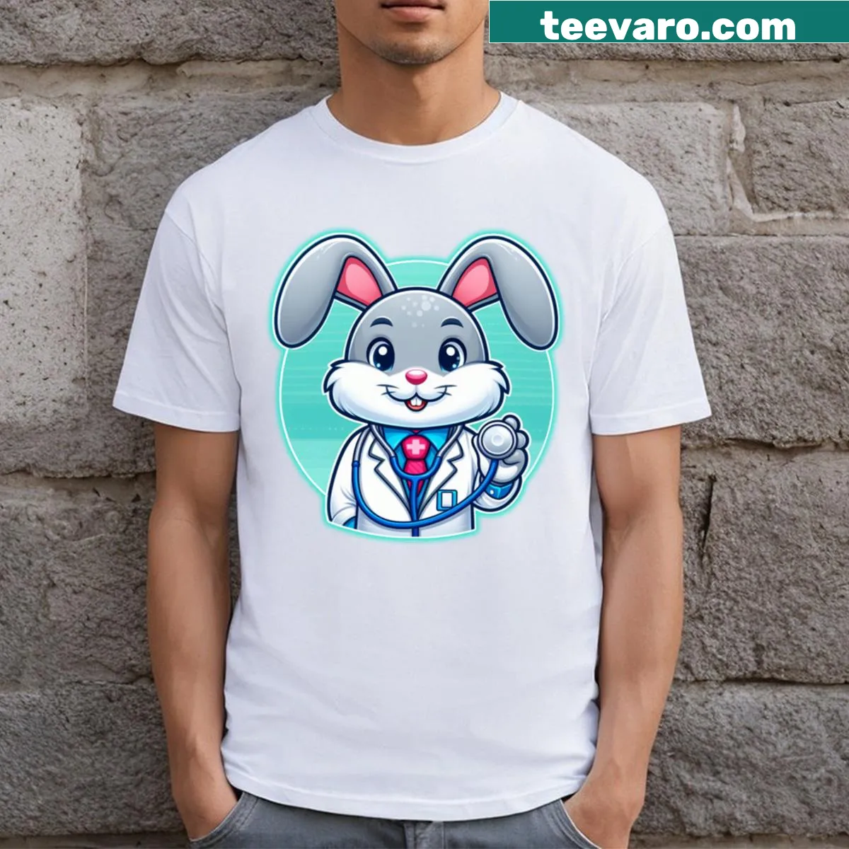 Cute cartoon doctor bunny graphic on T-shirt — on a men's t-shirt