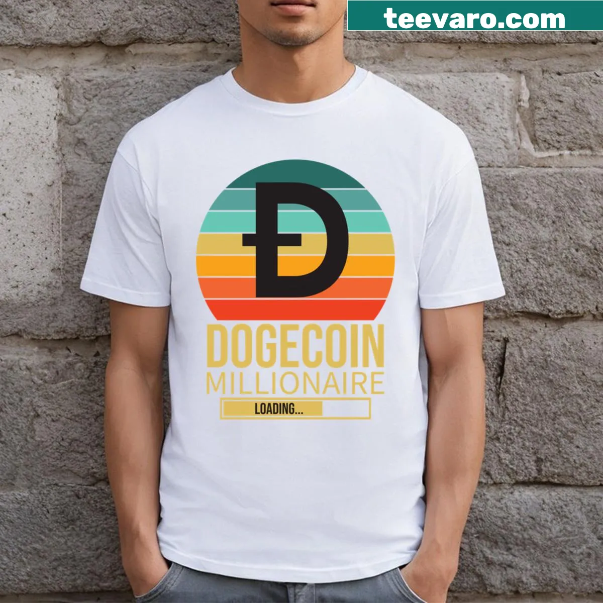 Typography design saying 'Doge Coin Millionaire Loading' on a t-shirt — on a men's t-shirt