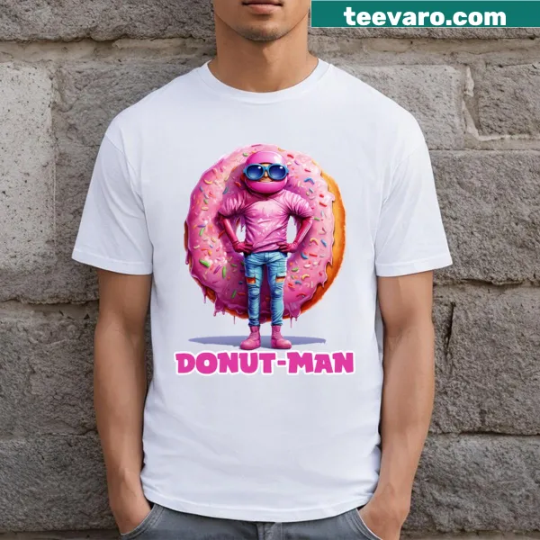 T-shirt featuring a cartoon 'Donut Man' superhero design.